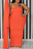 Orange Mode Casual Solid Basic axelbandslös klänning Plus storlek två delar