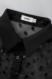 Black Fashion Casual Dot See-through Turndown Collar Tops