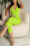 Fluorescent Green Sexy Solid Bandage Patchwork Backless Hooded Collar Skinny Jumpsuits