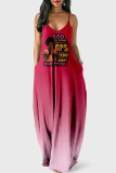 Абрикосовое модное сексуальное длинное платье с открытой спиной и бретельками с принтом