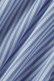 Blauwe mode casual gestreepte print patchwork turndown kraag korte mouw jurk