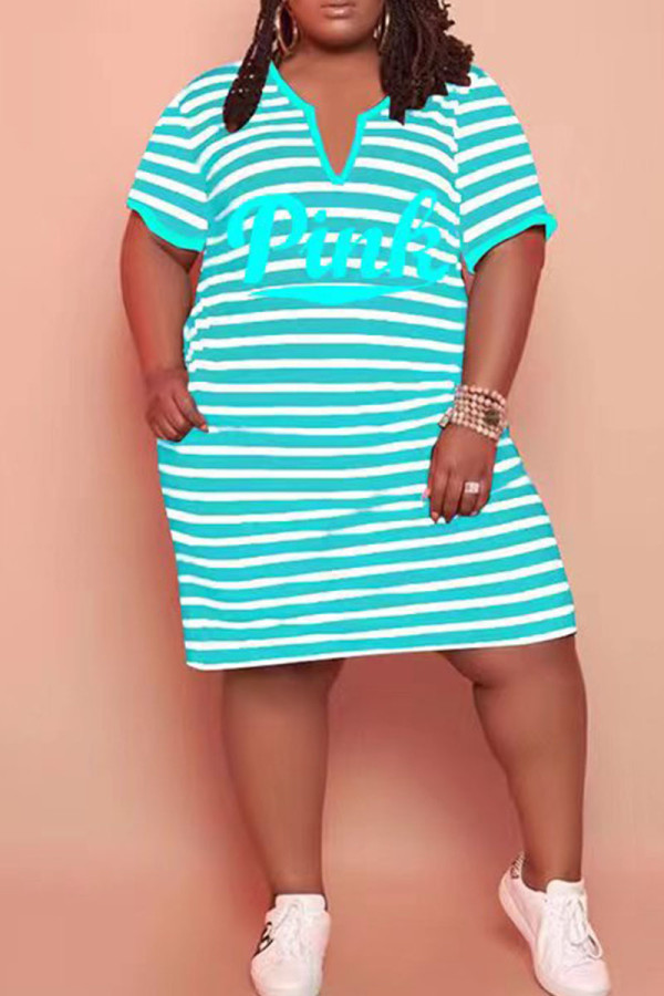 Cyanine Casual Striped Print Patchwork V Neck Straight Robes de grande taille