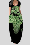 Schwarz-grüner, lässiger Patchwork-Print mit V-Ausschnitt, gerade Kleider