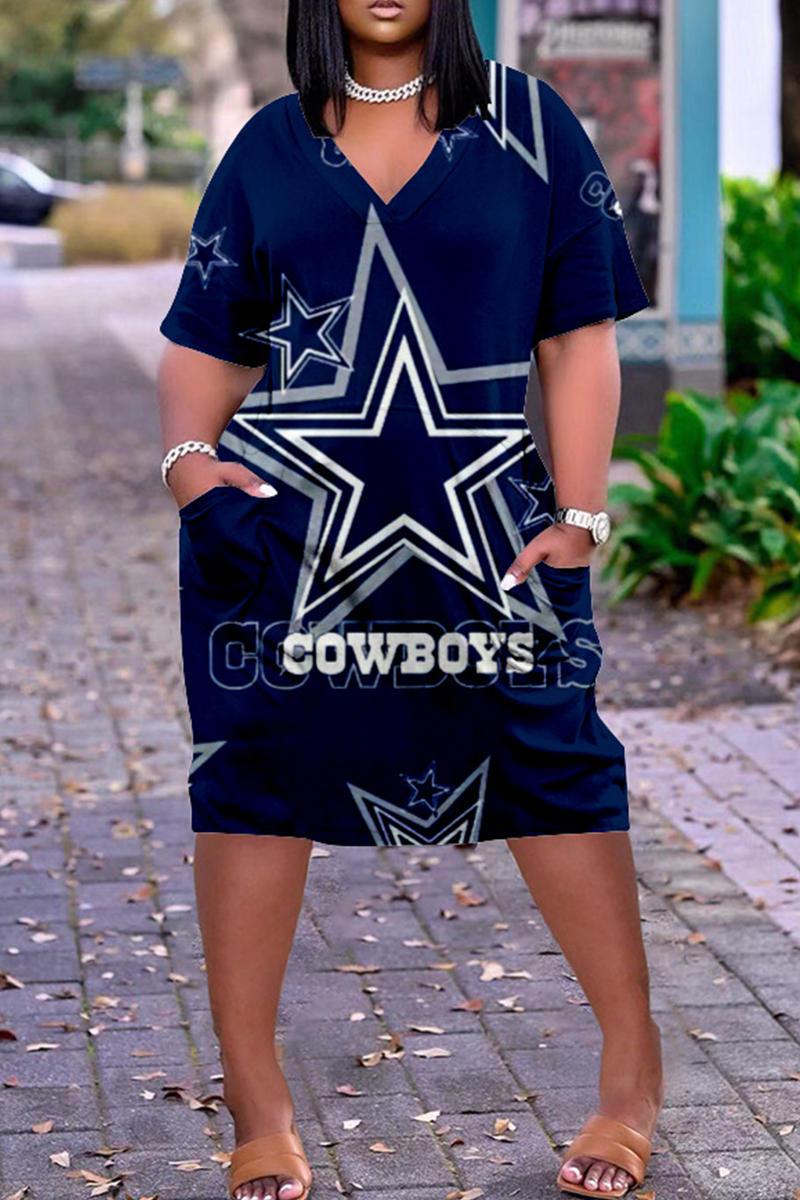 

Deep Blue Fashion Casual Print Patchwork V Neck Short Sleeve Dress