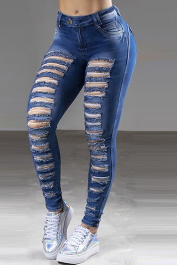 Dark Blue Fashion Casual Solid High Waist Ripped Skinny Denim Jeans