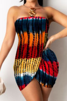 Vestido multicolorido moda sexy patchwork sem costas sem alças e sem mangas