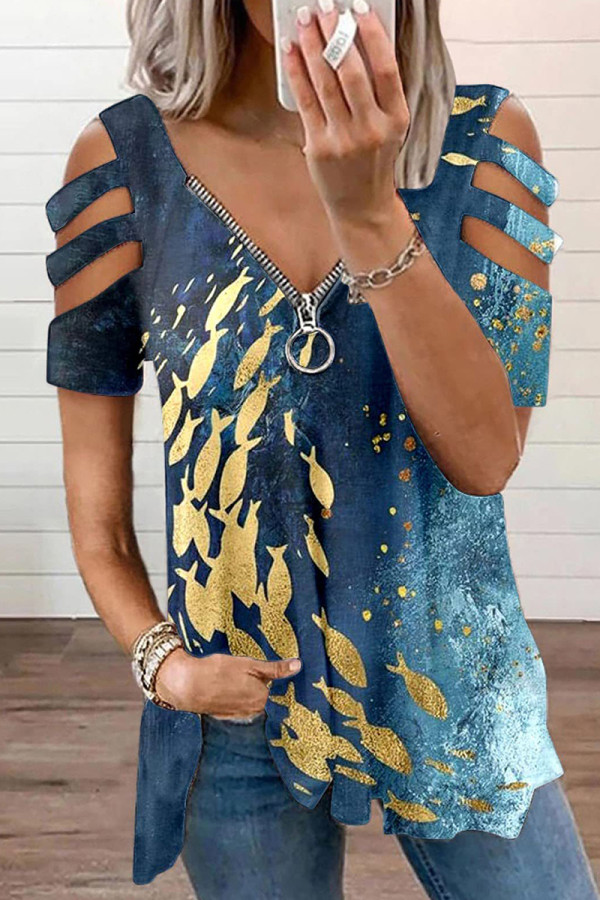 Marineblauwe mode casual print uitgeholde patchwork T-shirts met V-hals