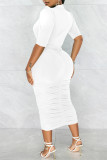 White Fashion Casual Solid Fold V Neck One Step Skirt Dresses