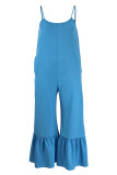 Light Blue Fashion Casual Solid Patchwork Backless Spaghetti Strap Plus Size Jumpsuits