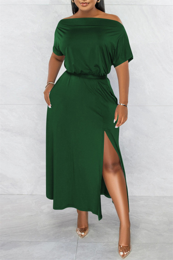 Vestido verde escuro moda casual patchwork sólido com fenda fora do ombro vestido manga curta