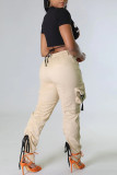 Pantalones casuales de patchwork sólido con cordón de bolsillo regular de cintura alta lápiz de color sólido fondos negros