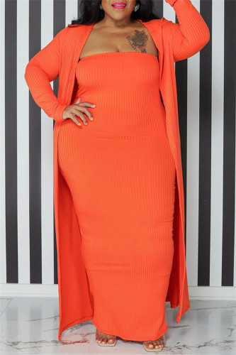 Orange Fashion Casual Solid Basic Strapless Dress Plus Size Two Pieces