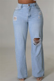 Светлые модные повседневные однотонные рваные джинсы из денима с высокой талией и обычной талией