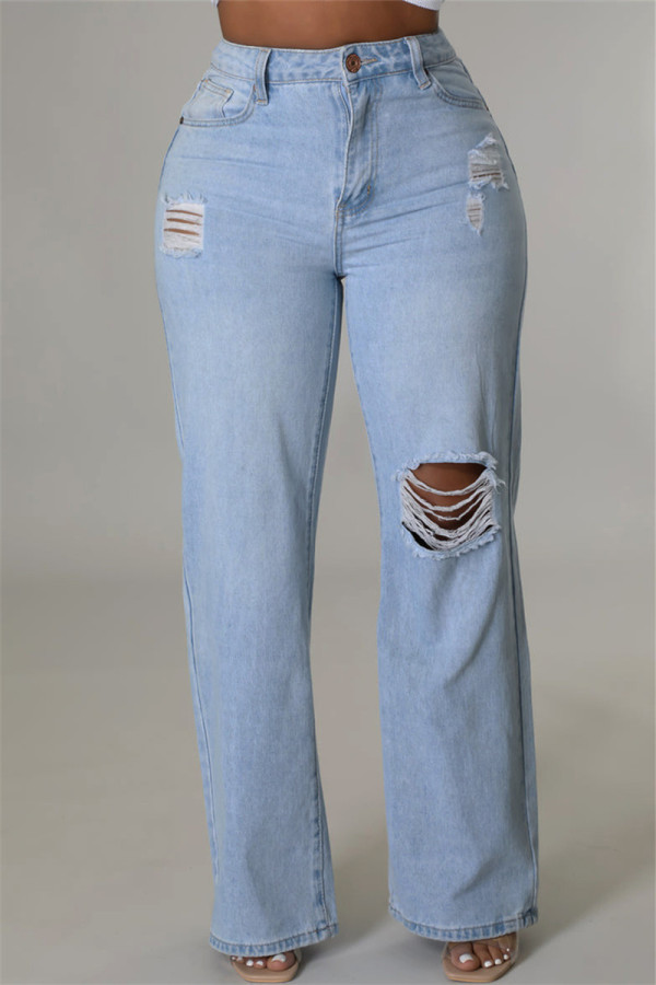 Ljus färg Mode Casual Solid Ripped Hög midja Vanliga denim jeans