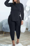 Black Casual Solid Bandage Patchwork Slit O Neck Long Sleeve Two Pieces
