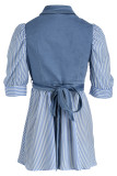 Blue Fashion Casual Striped Print Patchwork Turndown Collar Short Sleeve Dress