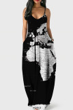 Абрикосовое модное сексуальное длинное платье с открытой спиной и бретельками с принтом