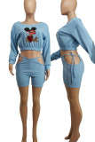 Light Blue Sexy Print Bandage Hollowed Out Patchwork O Neck Long Sleeve Two Pieces