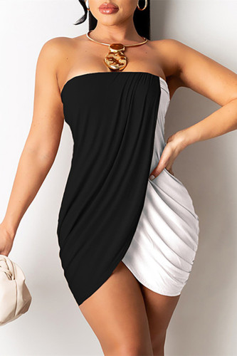 ブラックホワイトファッションセクシーなパッチワーク背中の開いたストラップレスノースリーブドレス