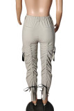 Pantalones casuales de color sólido con bolsillo de cordón de cordón de patchwork sólido gris