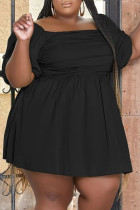 Schwarzes, modisches, lässiges, festes Patchwork-Kleid mit quadratischem Kragen und kurzen Ärmeln in Übergröße