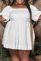 Witte mode casual plus size effen patchwork jurk met vierkante kraag en korte mouwen