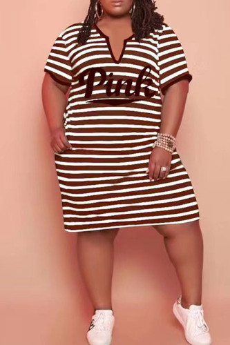 Dark Brown Casual Striped Print Patchwork V Neck Straight Plus Size Dresses