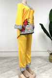 Yellow Fashion Casual Print Patchwork V Neck Three Quarter Two Pieces