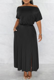 Zwarte mode casual effen patchwork spleet off-shoulder jurk met korte mouwen