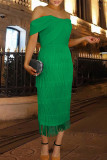 Зеленое модное сексуальное однотонное лоскутное платье с кисточками и открытой спиной, вечернее платье с открытыми плечами