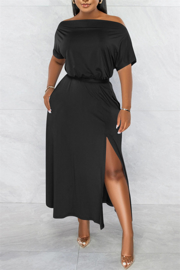 Zwarte mode casual effen patchwork spleet off-shoulder jurk met korte mouwen