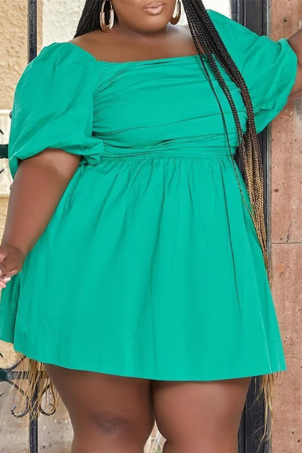 Vestido de manga corta con cuello cuadrado de retazos sólidos de talla grande casual de moda verde
