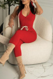 Red Sexy Solid Bandage Patchwork Backless Hooded Collar Skinny Jumpsuits