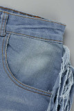 Голубая модная повседневная однотонная джинсовая юбка с кисточками больших размеров