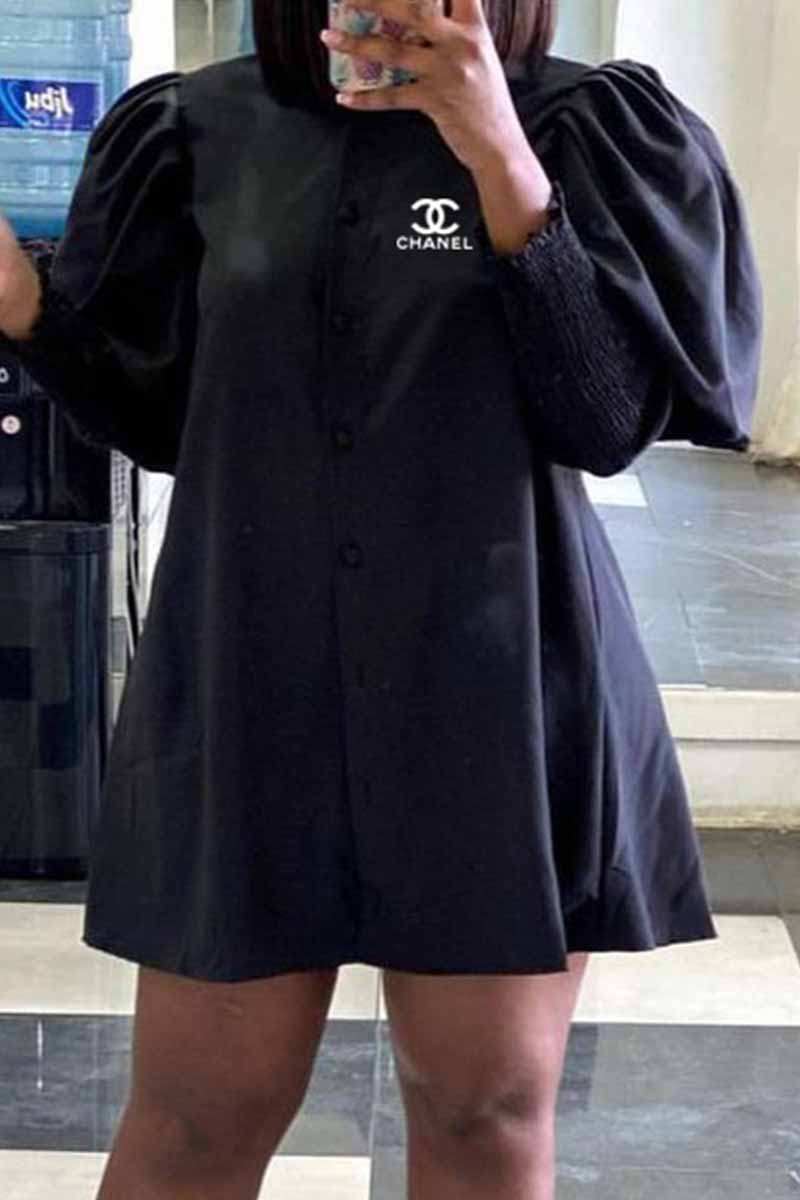 

Black Fashion Casual Print Letter Mandarin Collar Shirt Dress Dresses