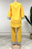amarillo moda casual estampado patchwork cuello en v tres cuartos dos piezas