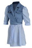 Blue Fashion Casual Striped Print Patchwork Turndown Collar Short Sleeve Dress