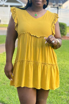Gele mode casual plus size effen patchwork v-hals mouwloze jurk