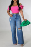 Lichte kleur mode casual effen gescheurde hoge taille regular denim jeans