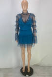 Синяя модная сексуальная однотонная прозрачная водолазка в стиле пэчворк с длинным рукавом из двух частей