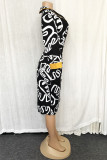 Falda de lápiz con cuello en V y patchwork con estampado informal de moda negra Vestidos de talla grande