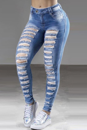 Baby Blue Fashion Casual Solid High Waist Ripped Skinny Denim Jeans