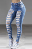 Black Fashion Casual Solid Ripped High Waist Skinny Denim Jeans