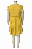 Yellow Fashion Casual Plus Size Solid Patchwork V Neck Sleeveless Dress