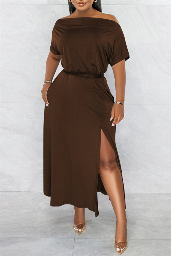 Brownness Fashion Casual Solid Patchwork Slit Off The Shoulder Robe à manches courtes