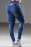 Baby Blue Fashion Casual Solid High Waist Ripped Skinny Denim Jeans