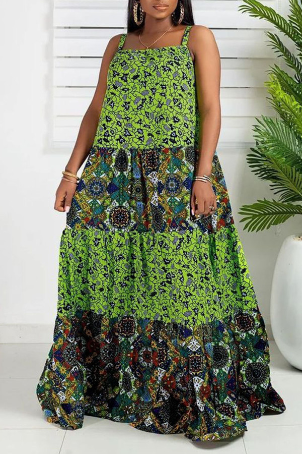 グリーンカジュアルスウィートプリントパッチワークスパゲッティストラップスリングドレスプラスサイズのドレス