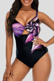 Black Purple Fashion Sexy Print Hollowed Out Backless Swimwears (With Paddings)