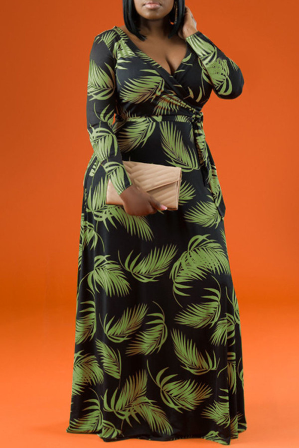 Черно-зеленые повседневные принты в стиле пэчворк с V-образным вырезом Прямые платья больших размеров