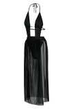 Черное сексуальное сплошное бинтовое выдолбленное пляжное платье в стиле пэчворк с открытой спиной и лямкой на шее